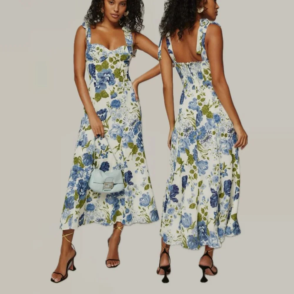 REFORMATION Nadira Lucca Floral Pattern Sleeveless Midi Dress (Blue/Cream/Green) - Picture 3 of 16